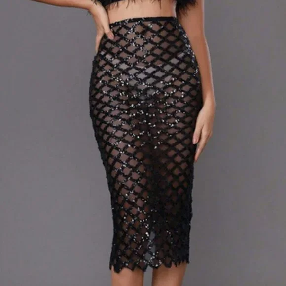 Black fuzzy Feather Trim Crop Tube Top & Sexy Sequin Pencil Skirt - Picture 7 of 9